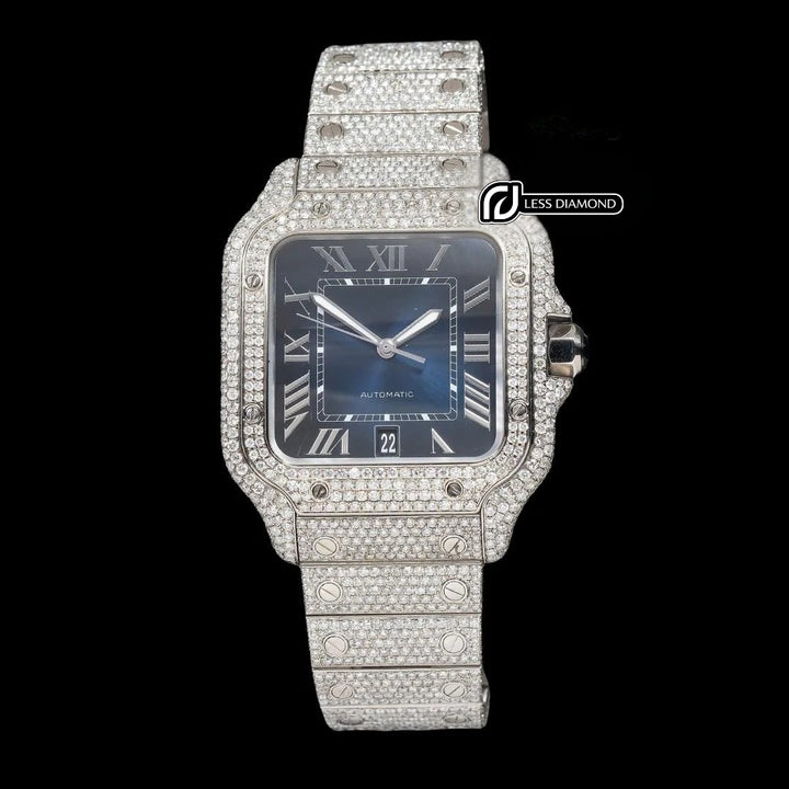 Cartier Santos Blue Roman Dial Diamond Fully Iced Out Moissanite Watch Front View
