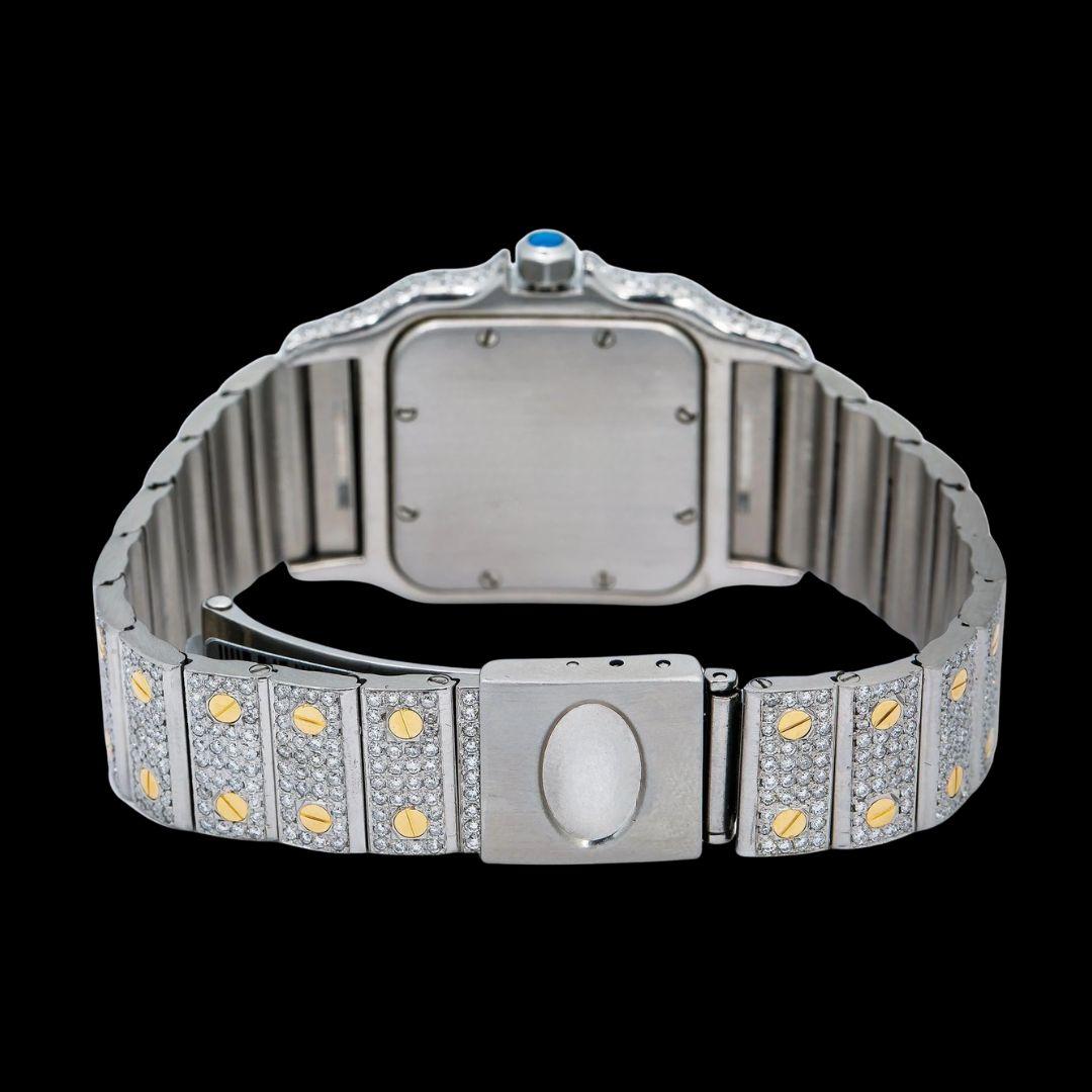 Cartier Santos Champagne Roman Dial Two Tone Yellow Gold Iced Out Moissanite Watch Caseback View
