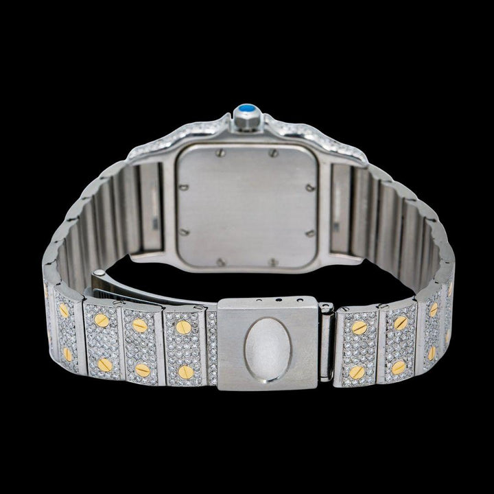 Cartier Santos Champagne Roman Dial Two Tone Yellow Gold Iced Out Moissanite Watch Caseback View
