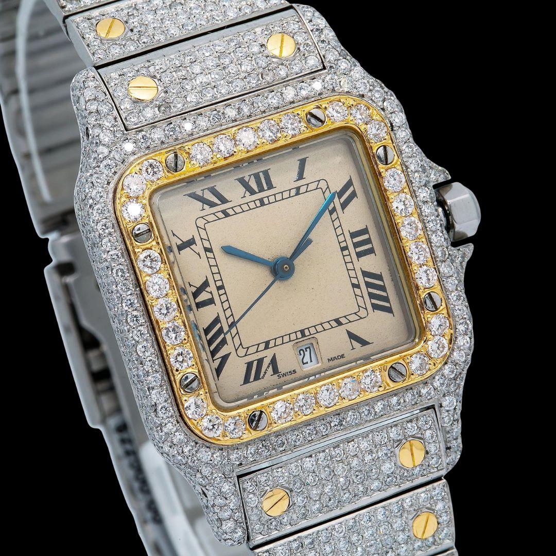 Cartier Santos Champagne Roman Dial Two Tone Yellow Gold Iced Out Moissanite Watch Close Up Dial View