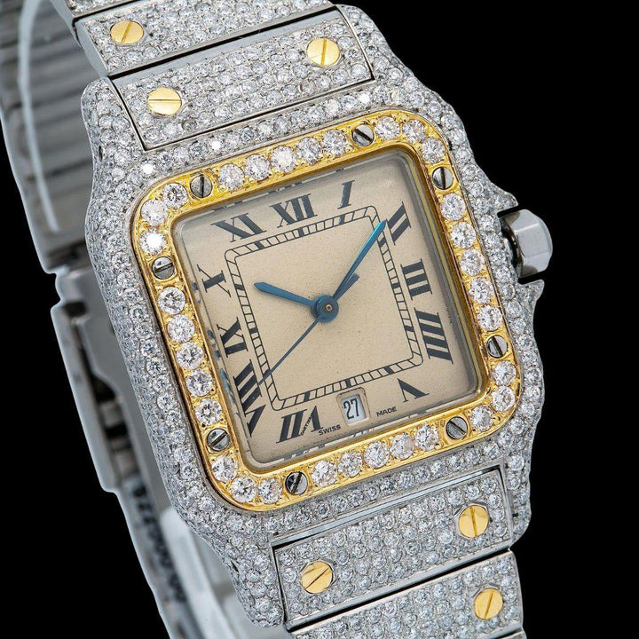 Cartier Santos Champagne Roman Dial Two Tone Yellow Gold Iced Out Moissanite Watch Close Up Dial View