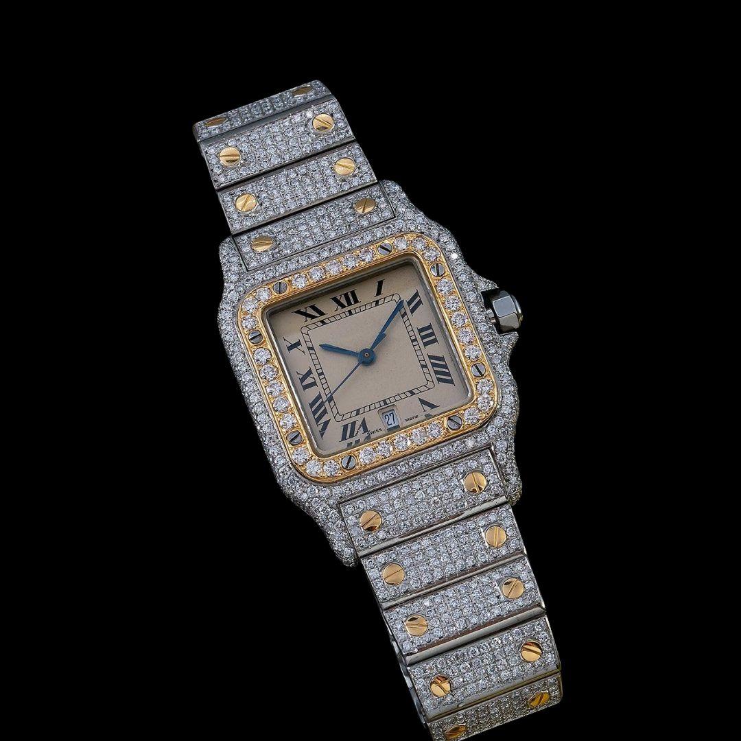 Cartier Santos Champagne Roman Dial Two Tone Yellow Gold Iced Out Moissanite Watch Close Up Front View