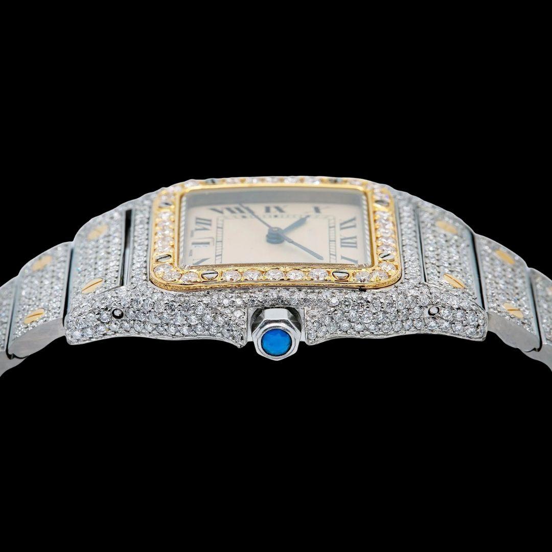 Cartier Santos Champagne Roman Dial Two Tone Yellow Gold Iced Out Moissanite Watch Crown View