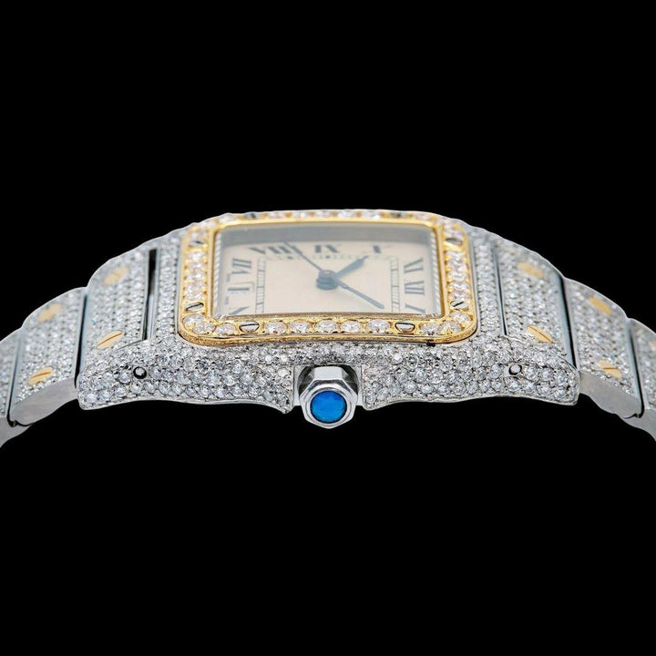 Cartier Santos Champagne Roman Dial Two Tone Yellow Gold Iced Out Moissanite Watch Crown View