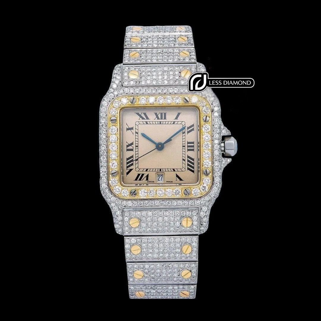 Cartier Santos Champagne Roman Dial Two Tone Yellow Gold Iced Out Moissanite Watch Front View