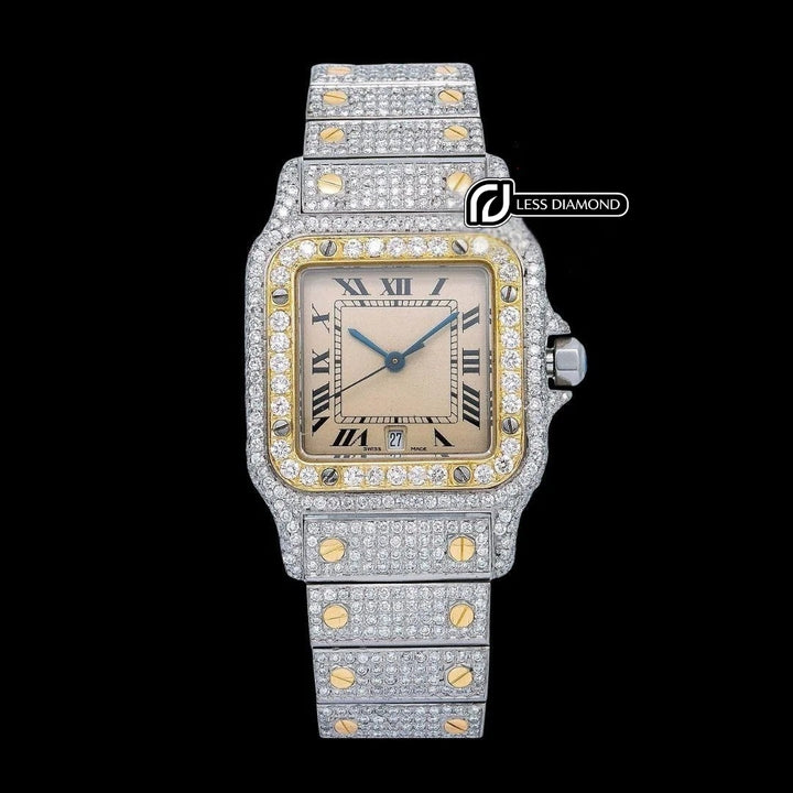 Cartier Santos Champagne Roman Dial Two Tone Yellow Gold Iced Out Moissanite Watch Front View