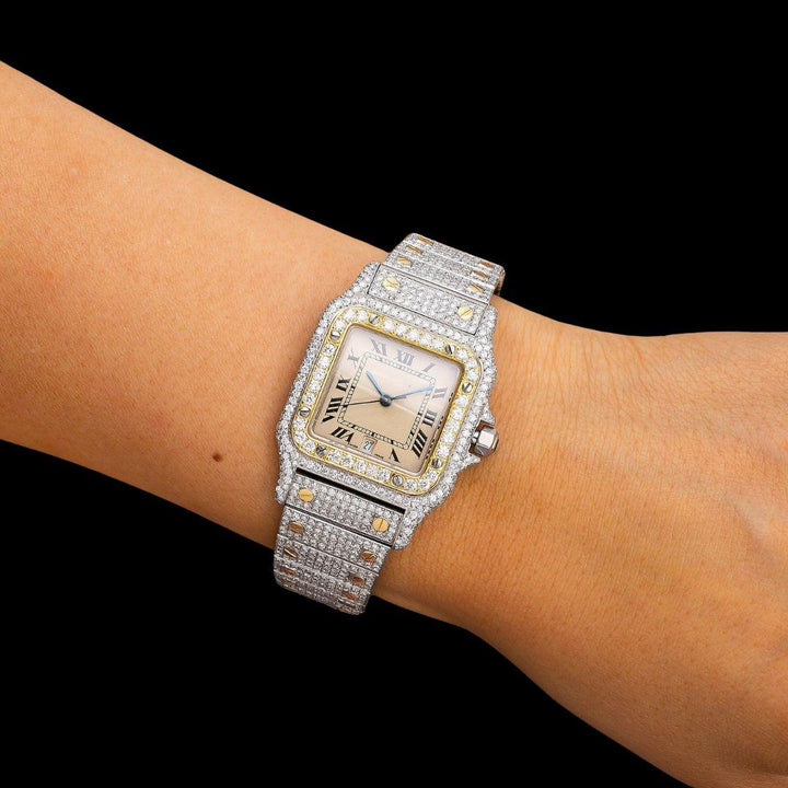 Cartier Santos Champagne Roman Dial Two Tone Yellow Gold Iced Out Moissanite Watch On Wrist View