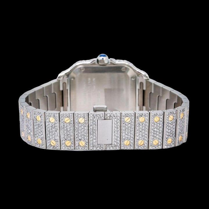 Cartier Santos Champagne Roman Numerals Dial Two Tone Yellow Gold Moissanite Watch Caseback View