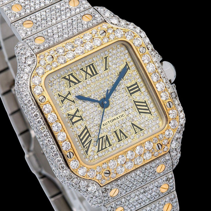 Cartier Santos Champagne Roman Numerals Dial Two Tone Yellow Gold Moissanite Watch Close Up Dial View