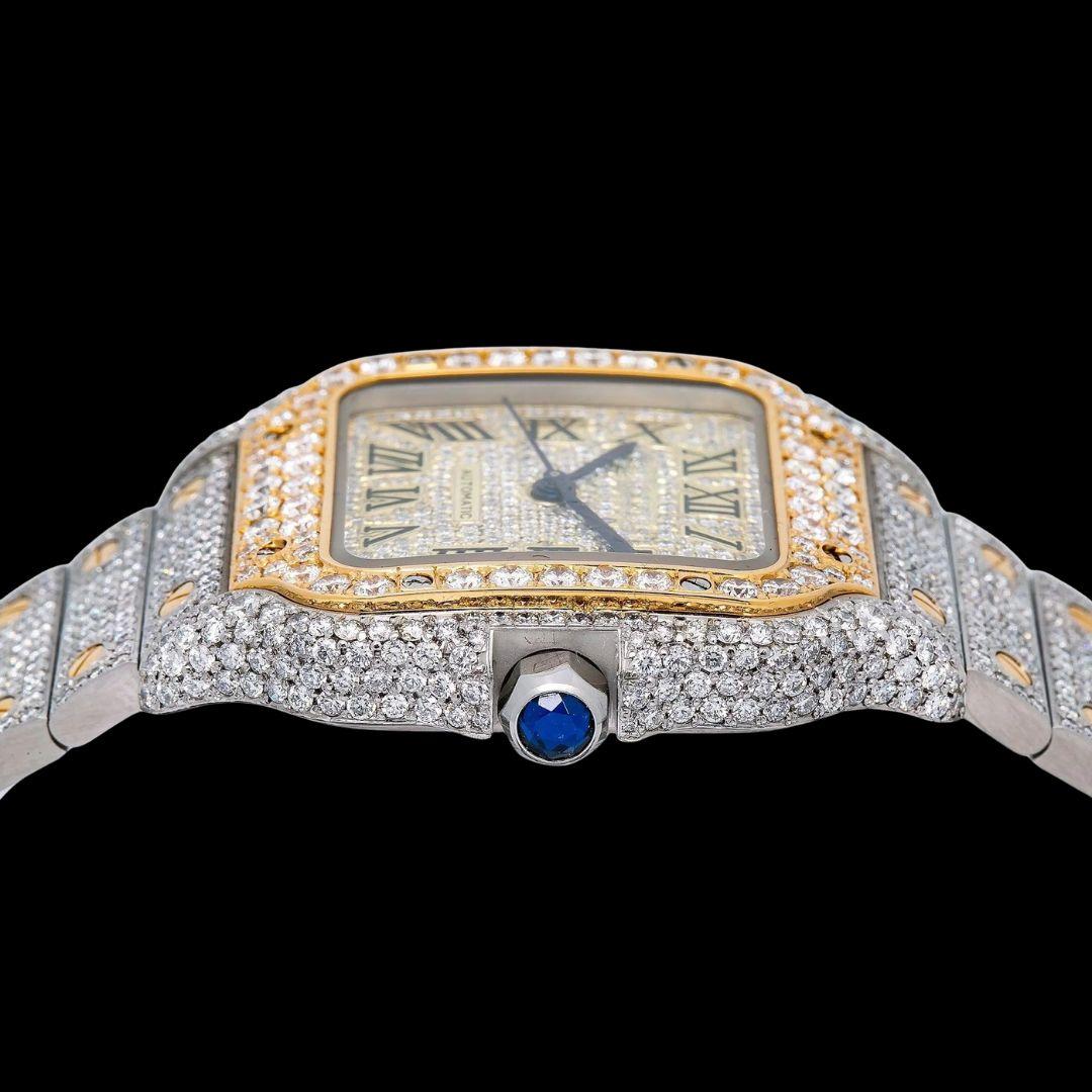 Cartier Santos Champagne Roman Numerals Dial Two Tone Yellow Gold Moissanite Watch Crown View