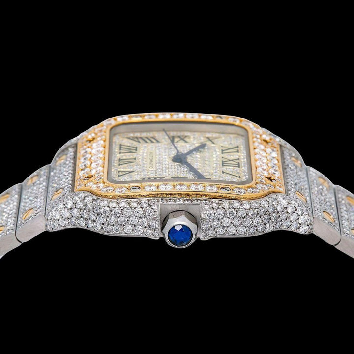 Cartier Santos Champagne Roman Numerals Dial Two Tone Yellow Gold Moissanite Watch Crown View