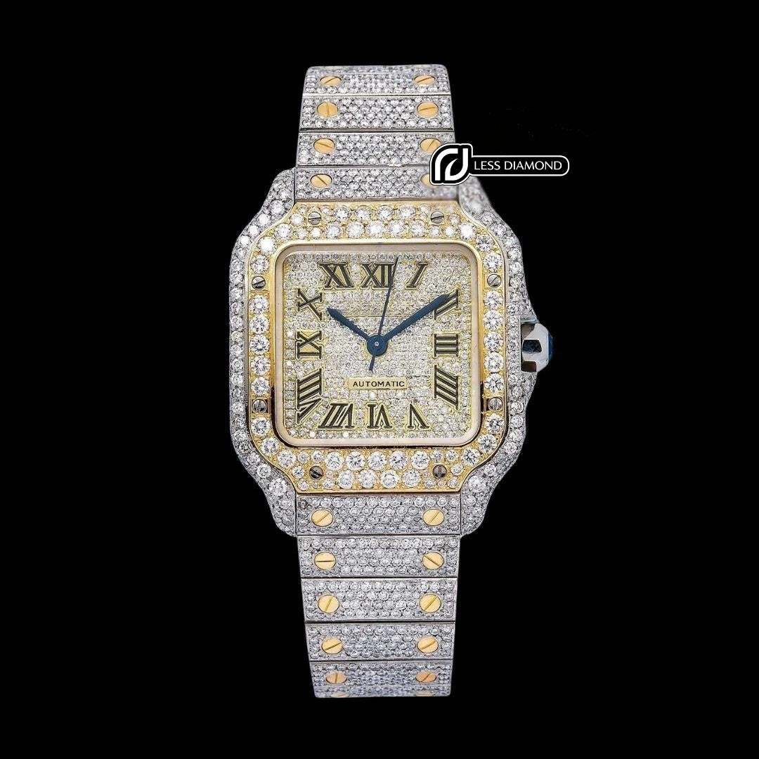 Cartier Santos Champagne Roman Numerals Dial Two Tone Yellow Gold Moissanite Watch Front View