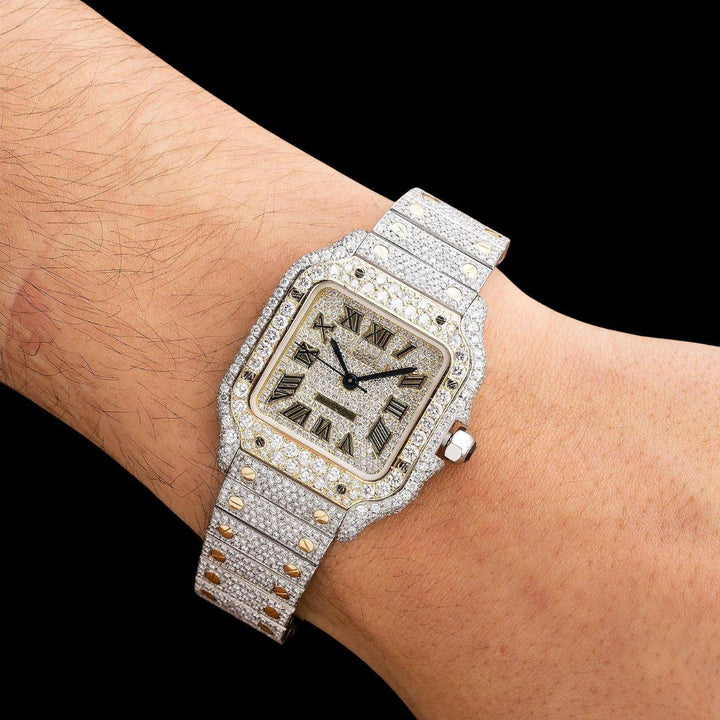 Cartier Santos Champagne Roman Numerals Dial Two Tone Yellow Gold Moissanite Watch On Wrist View