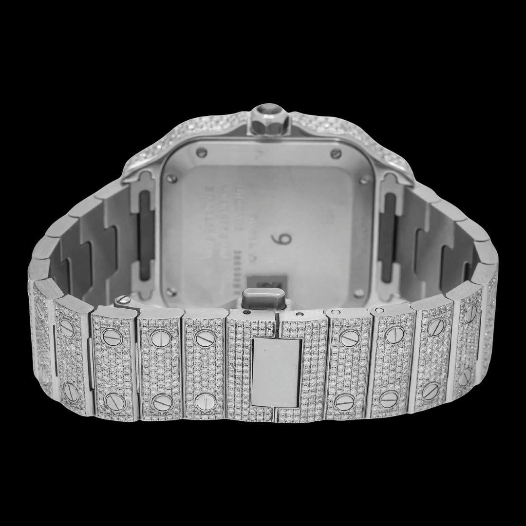 Cartier Santos Diamond Paved Dial Red Roman Numerals Fully Iced Out Moissanite Watch Caseback View