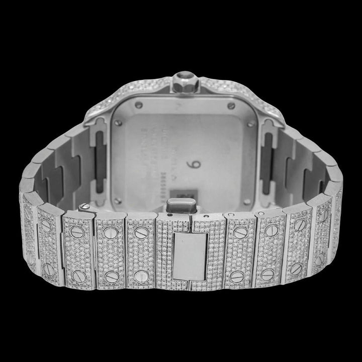 Cartier Santos Diamond Paved Dial Red Roman Numerals Fully Iced Out Moissanite Watch Caseback View