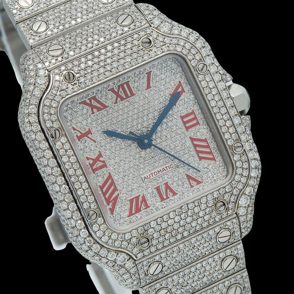 Cartier Santos Diamond Paved Dial Red Roman Numerals Fully Iced Out Moissanite Watch Close Up Dial View