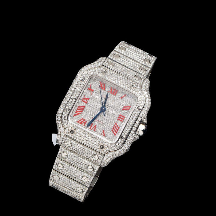 Cartier Santos Diamond Paved Dial Red Roman Numerals Fully Iced Out Moissanite Watch Close Up Front View