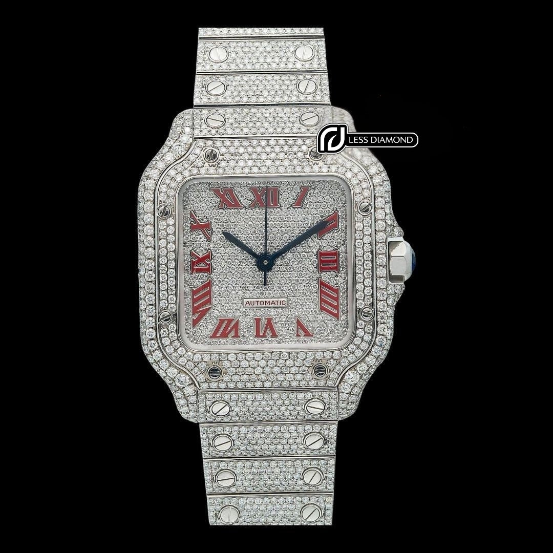 Cartier Santos Diamond Paved Dial Red Roman Numerals Fully Iced Out Moissanite Watch Front View