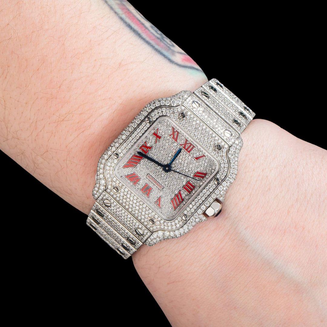 Cartier Santos Diamond Paved Dial Red Roman Numerals Fully Iced Out Moissanite Watch On Wrist View