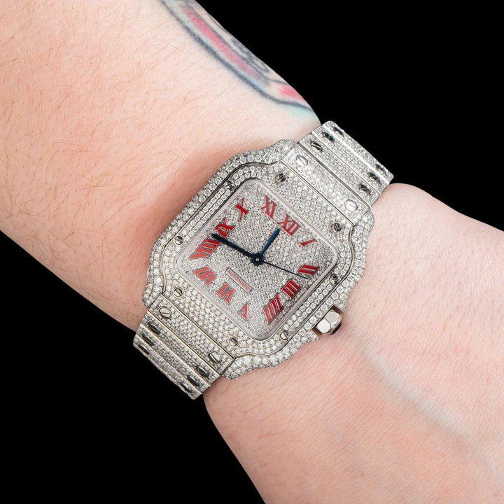 Cartier Santos Diamond Paved Dial Red Roman Numerals Fully Iced Out Moissanite Watch On Wrist View