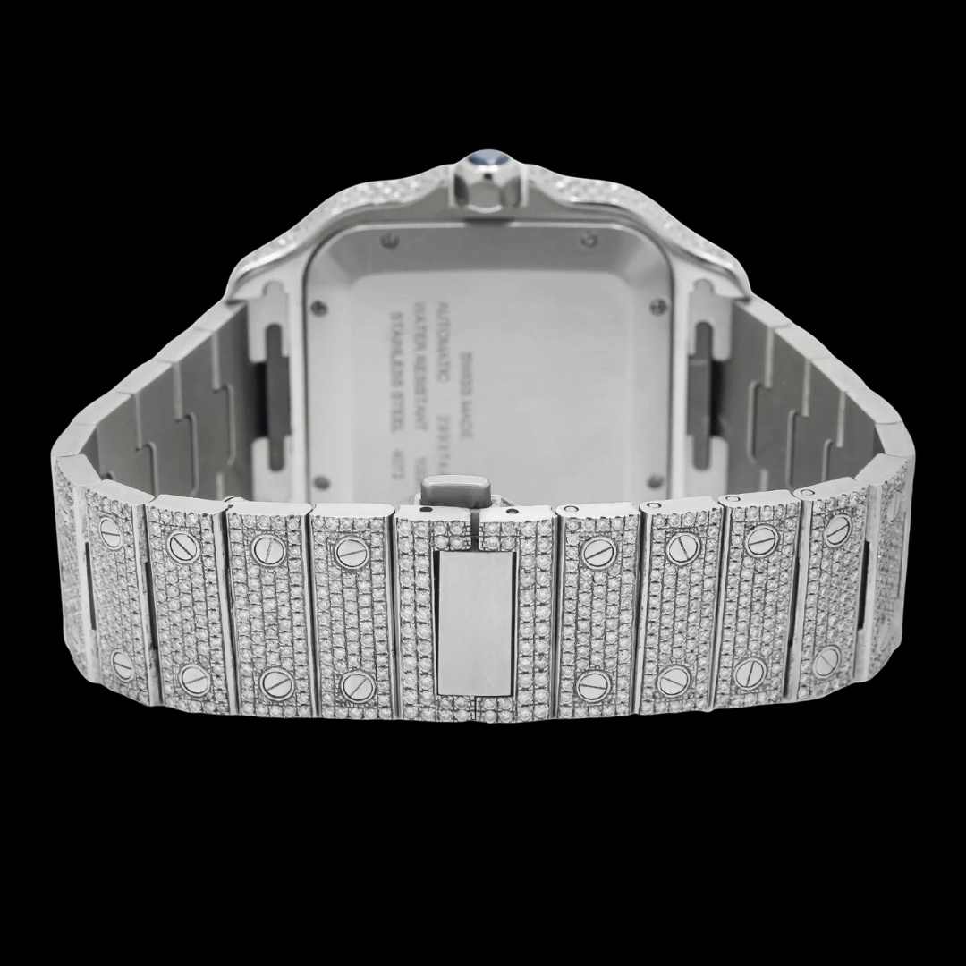 Cartier Santos Red Arabic Numerals Dial Two Tone Yellow Gold Moissanite Diamond Watch Caseback View