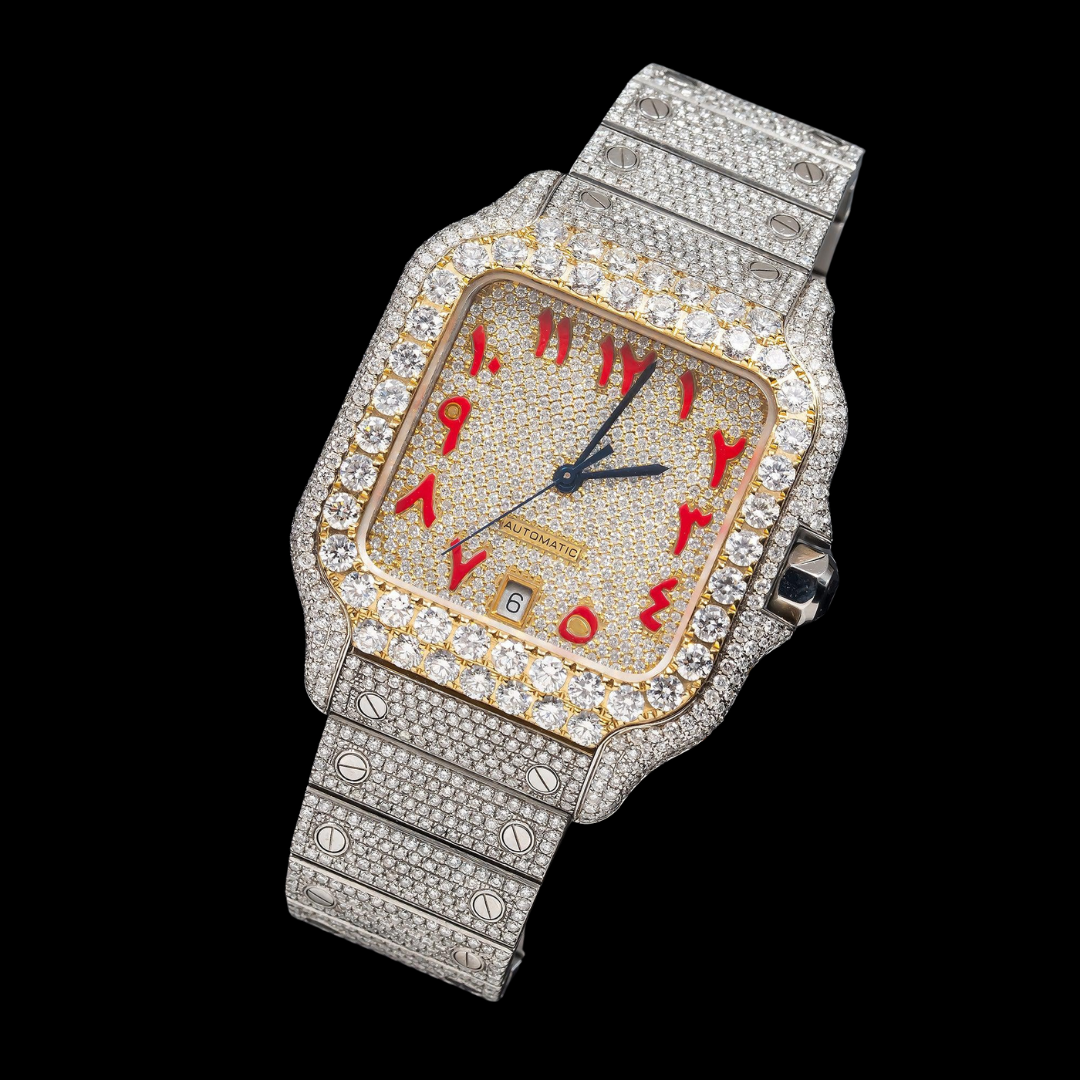Cartier Santos Red Arabic Numerals Dial Two Tone Yellow Gold Moissanite Diamond Watch Close Up Front View