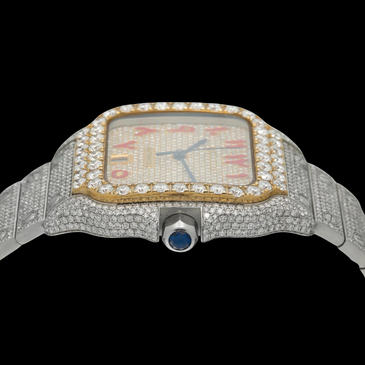 Cartier Santos Red Arabic Numerals Dial Two Tone Yellow Gold Moissanite Diamond Watch Crown View
