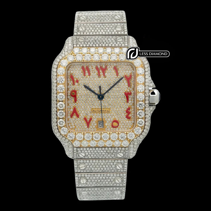 Cartier Santos Red Arabic Numerals Dial Two Tone Yellow Gold Moissanite Diamond Watch Front View