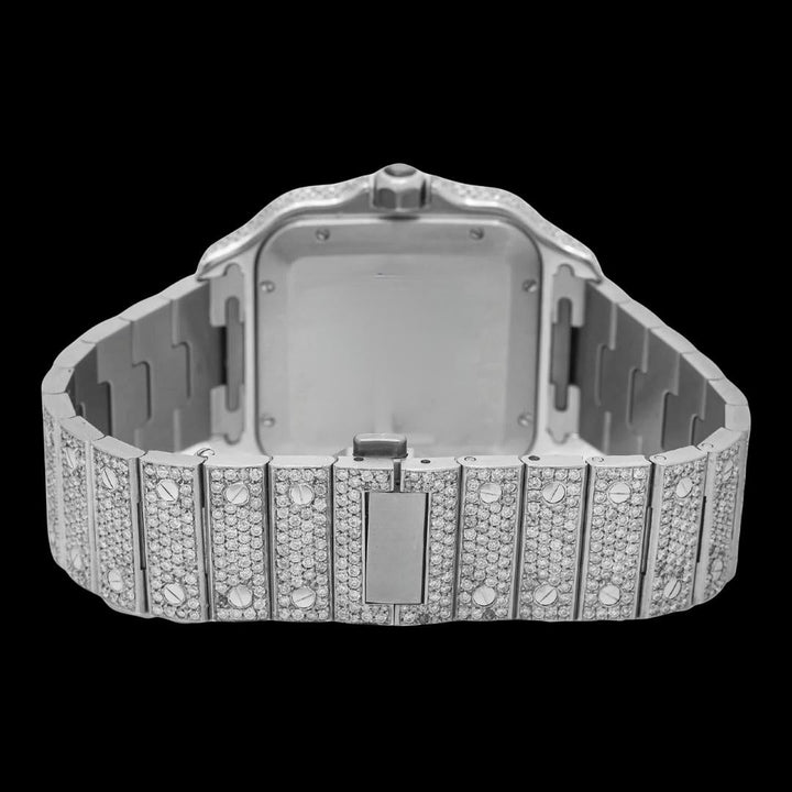 Cartier Santos Red Roman Numerals Dial Fully Iced Out Moissanite Watch Caseback View