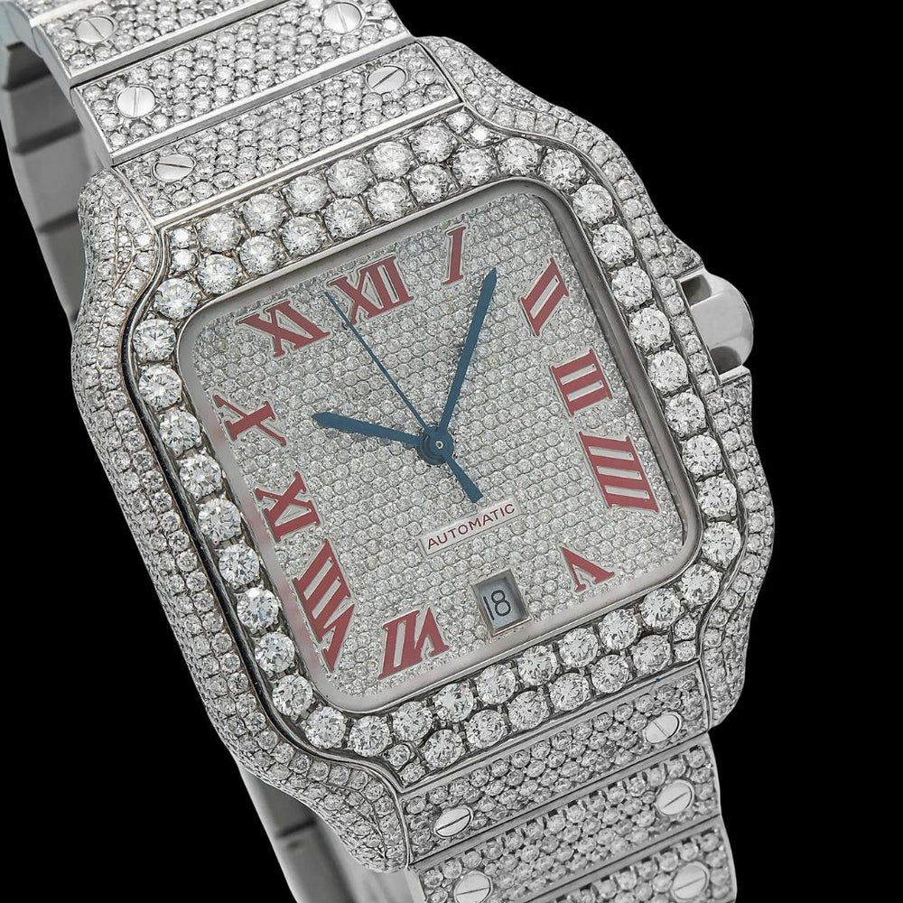 Cartier Santos Red Roman Numerals Dial Fully Iced Out Moissanite Watch Close Up Dial View