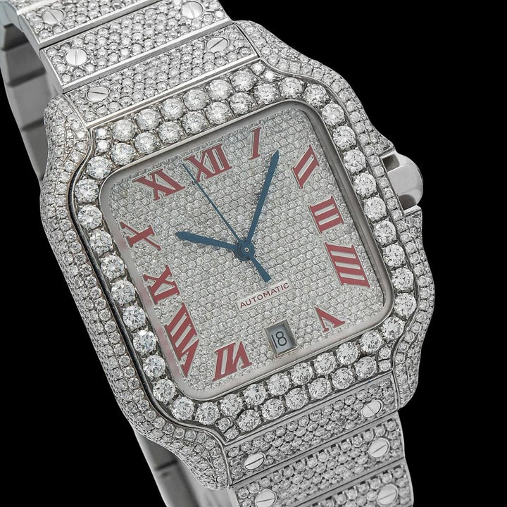 Cartier Santos Red Roman Numerals Dial Fully Iced Out Moissanite Watch Close Up Dial View