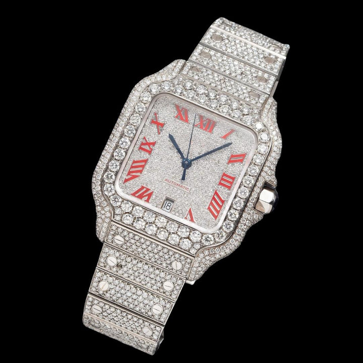 Cartier Santos Red Roman Numerals Dial Fully Iced Out Moissanite Watch Close Up Front View