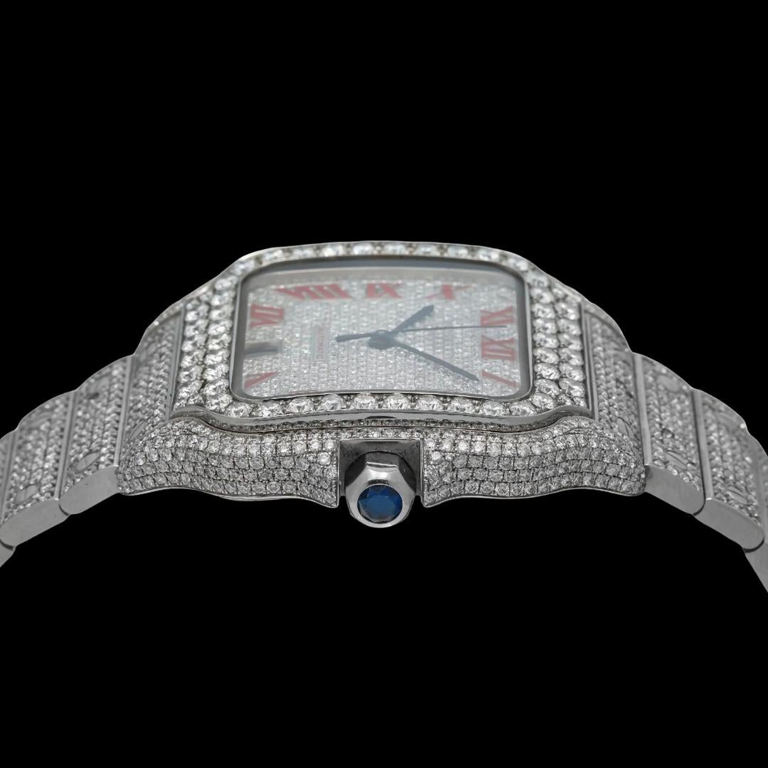 Cartier Santos Red Roman Numerals Dial Fully Iced Out Moissanite Watch Crown View