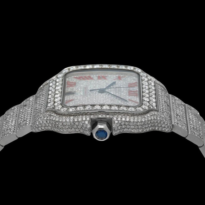 Cartier Santos Red Roman Numerals Dial Fully Iced Out Moissanite Watch Crown View