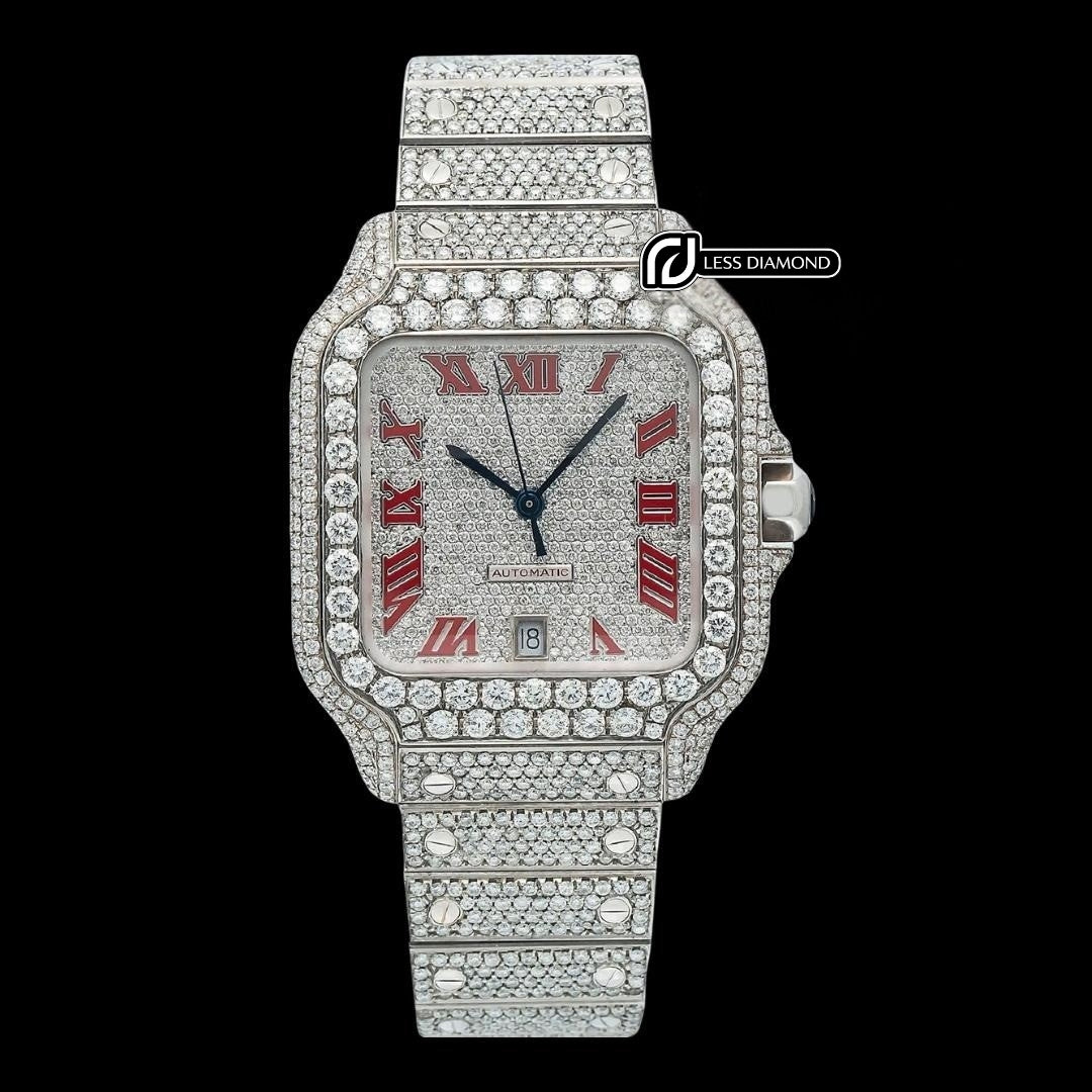 Cartier Santos Red Roman Numerals Dial Fully Iced Out Moissanite Watch Front View