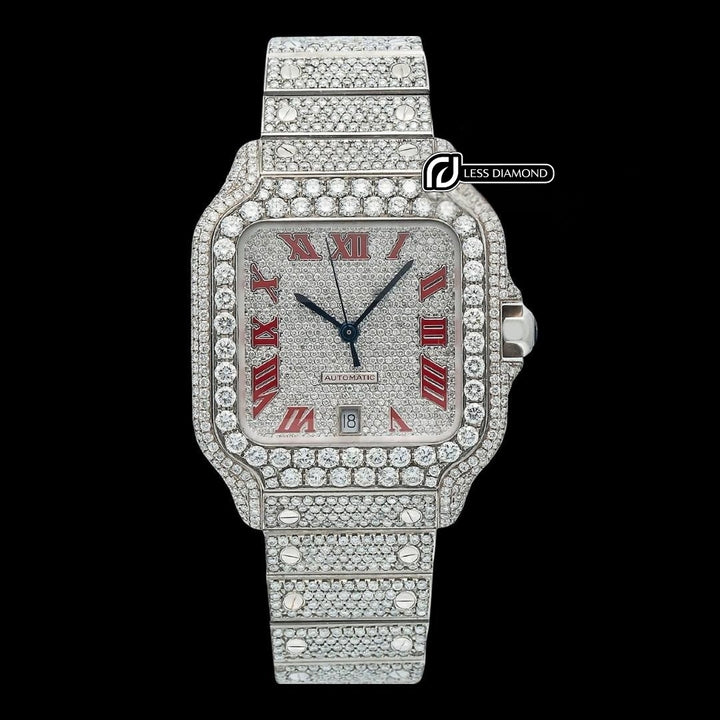 Cartier Santos Red Roman Numerals Dial Fully Iced Out Moissanite Watch Front View