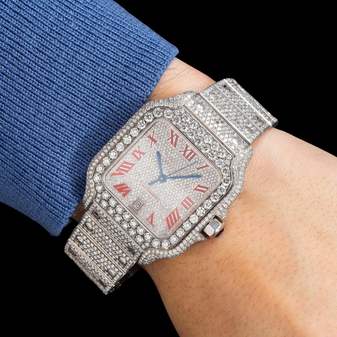 Cartier Santos Red Roman Numerals Dial Fully Iced Out Moissanite Watch On Wrist View