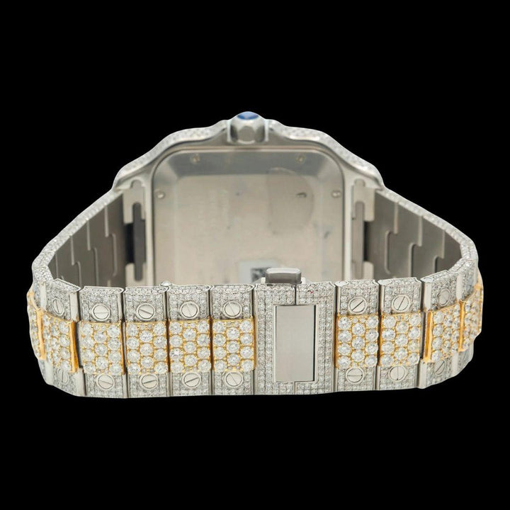 Cartier Santos Red Roman Numerals Dial Two Tone Yellow Gold Moissanite Watch Caseback View