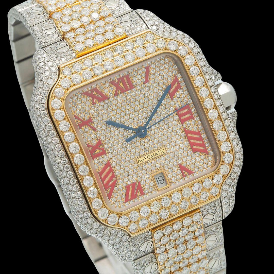 Cartier Santos Red Roman Numerals Dial Two Tone Yellow Gold Moissanite Watch Close Up Dial View
