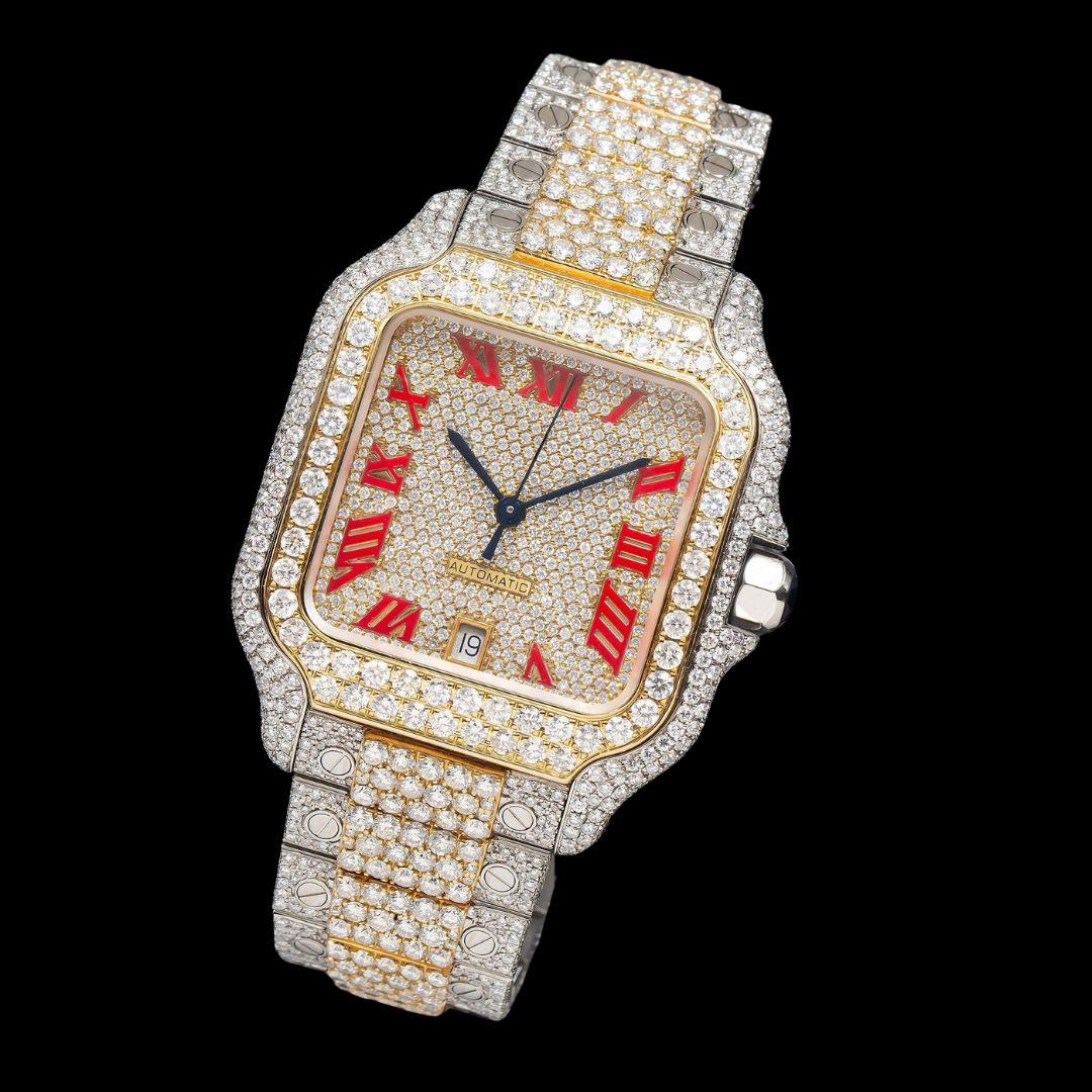 Cartier Santos Red Roman Numerals Dial Two Tone Yellow Gold Moissanite Watch Close Up Front View