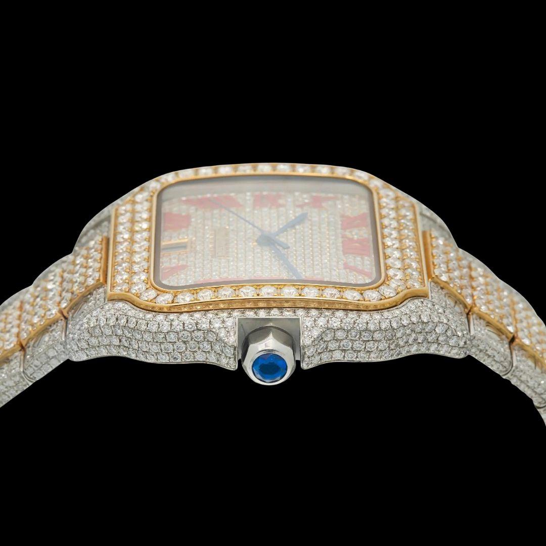 Cartier Santos Red Roman Numerals Dial Two Tone Yellow Gold Moissanite Watch Crown View