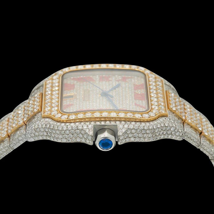 Cartier Santos Red Roman Numerals Dial Two Tone Yellow Gold Moissanite Watch Crown View