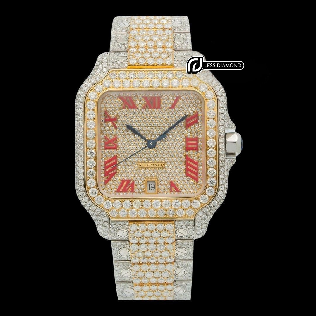 Cartier Santos Red Roman Numerals Dial Two Tone Yellow Gold Moissanite Watch Front View