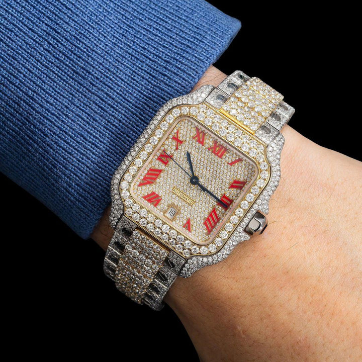 Cartier Santos Red Roman Numerals Dial Two Tone Yellow Gold Moissanite Watch On Wrist View