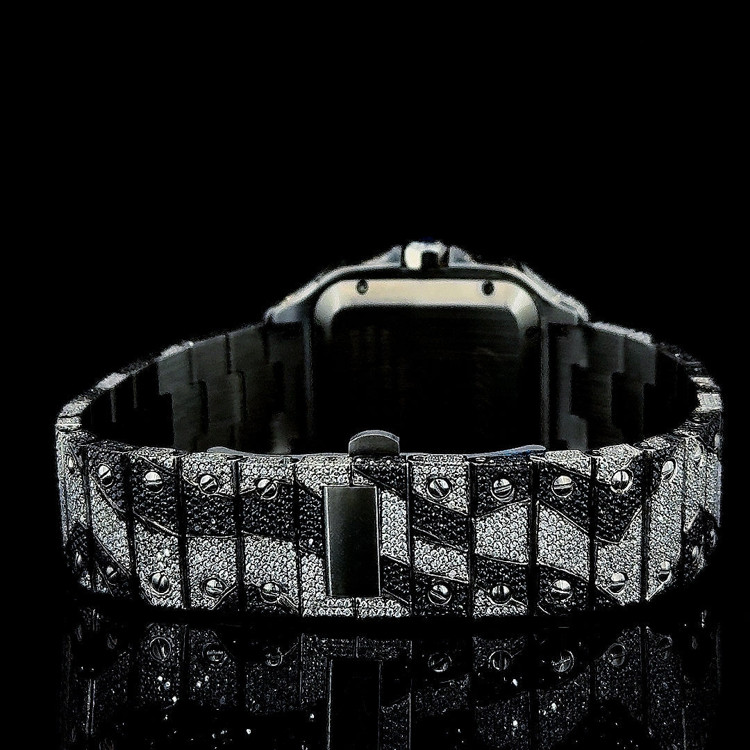 Cartier Santos Roman Dial Black Camo Bracelet Fully Iced Out Moissanite Watch Caseback View