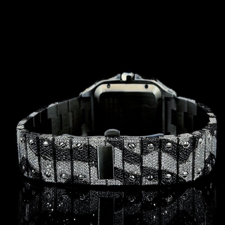 Cartier Santos Roman Dial Black Camo Bracelet Fully Iced Out Moissanite Watch Caseback View