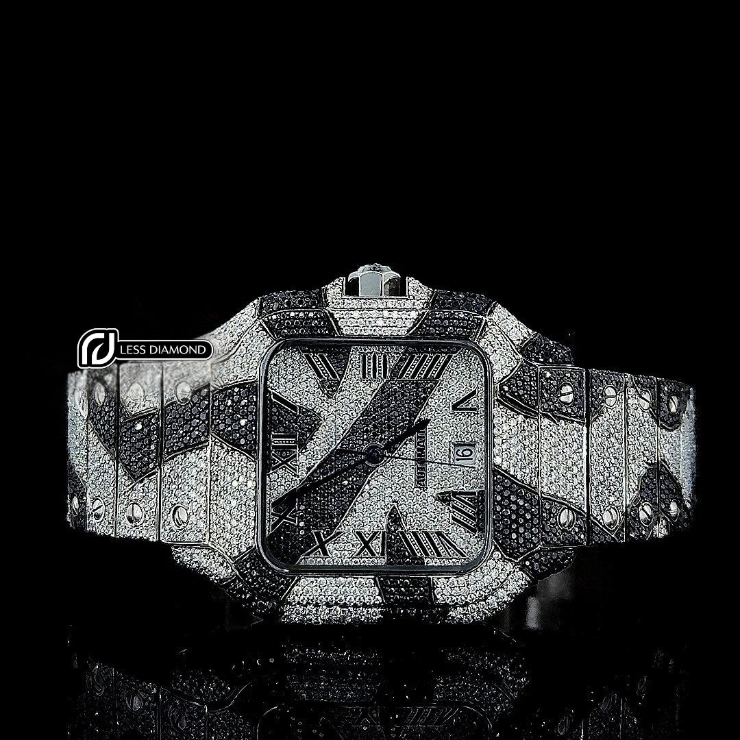 Cartier Santos Roman Dial Black Camo Bracelet Fully Iced Out Moissanite Watch Front View