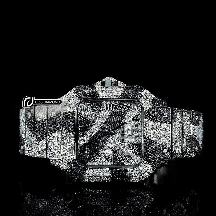 Cartier Santos Roman Dial Black Camo Bracelet Fully Iced Out Moissanite Watch Front View