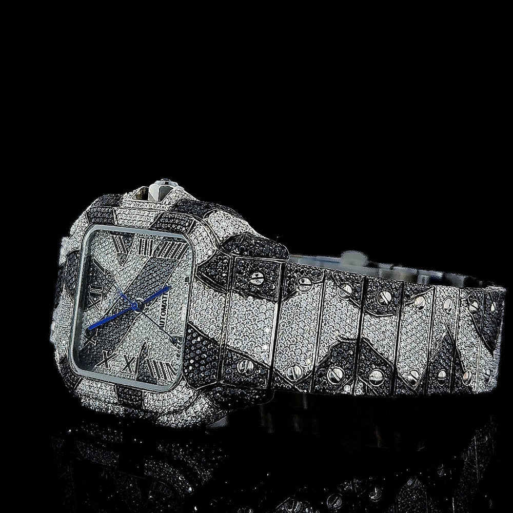 Cartier Santos Roman Dial Black Camo Bracelet Fully Iced Out Moissanite Watch Left Profile View