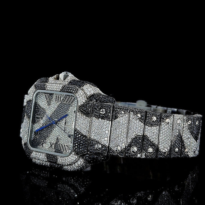 Cartier Santos Roman Dial Black Camo Bracelet Fully Iced Out Moissanite Watch Left Profile View